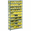 Global Industrial Steel Open Shelving, 28 YL 8-1/4x10-3/4x7 Stacking Bins 8 Shelves 36x12x73 506204YL